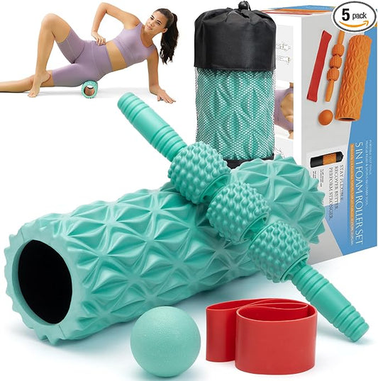 5 in1 Foam Roller Set High Density 15" Foam Roller for Muscle Recovery | Deep Tissue Muscle Massage Foam Roller for Exercise, Massage Roller, Massage Ball, Stretching Strap, for Whole Body Aqua