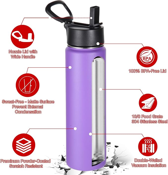 Volhoply 24 Ounce Insulated Water Bottle With Straw Lid,Stainless Steel Wide Mouth Sport Bottles With Handle,Double Wall Vacuum Cups keep Cold,Reusable Travel Thermal Cups For Holder,Gym(Purple,1)