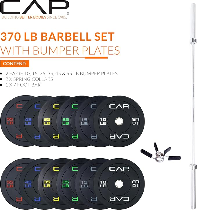 CAP Barbell Olympic Weight Set with 7ft Barbell & Bumper Plates | 160-370 lbs | Multiple Options