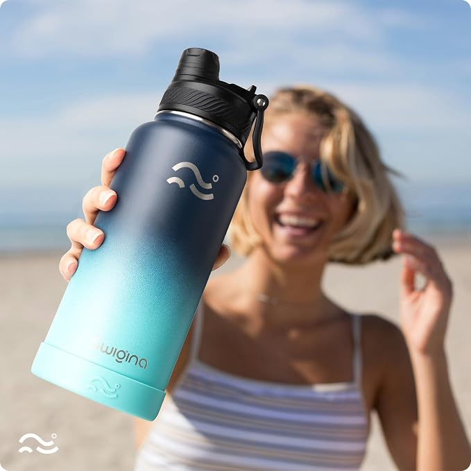 Swigina Insulated Water Bottle with Silicone Boot (36hrs Cold/18hrs Hot) - DIY Stickers, Leakproof, BPA Free, 24 oz [2-IN-1 LID]