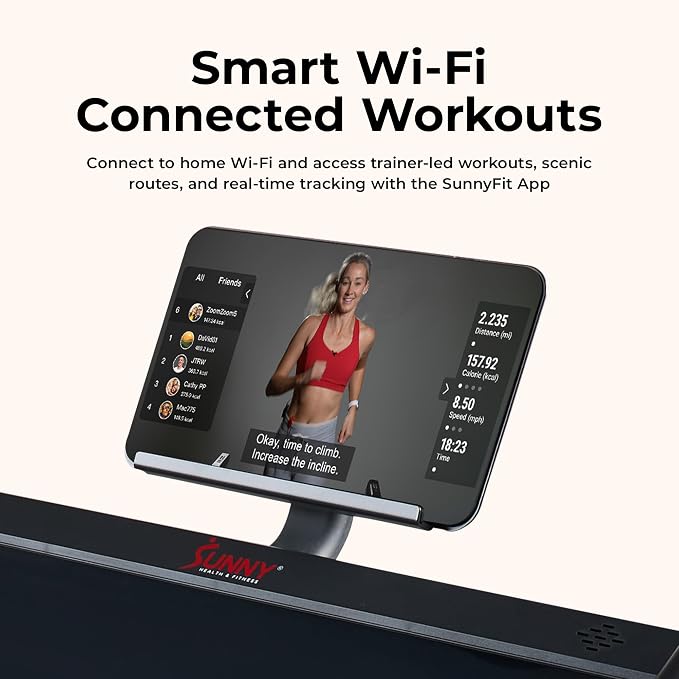 Sunny Health & Fitness Smart Treadmill Intensive Quiet Auto Incline/Decline | Commercial Level | Extreme Auto Incline | Decline Capabilities | Shock Absorbing | Pre-Program Workout | Multi-Grip Handrail