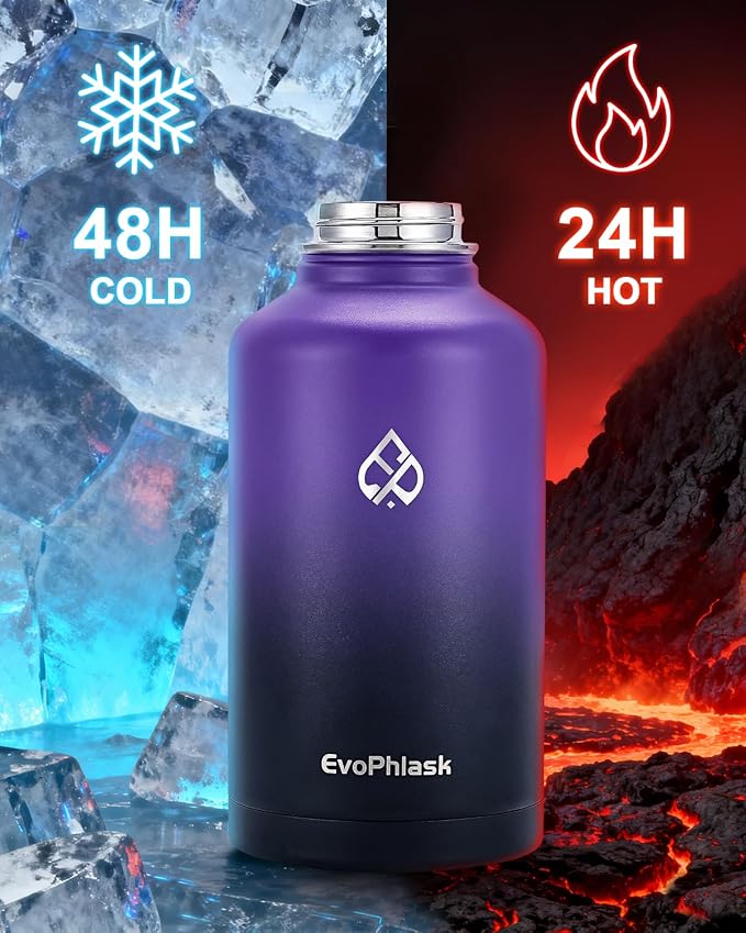 Insulated Water Bottle 64 oz with Carrier Bag, Purple/Black | Stainless Steel, Vacuum Insulated Keep Cold 48 Hrs, Half Gallon Large Water Jug, For Travel, Sport, Gym, Hiking