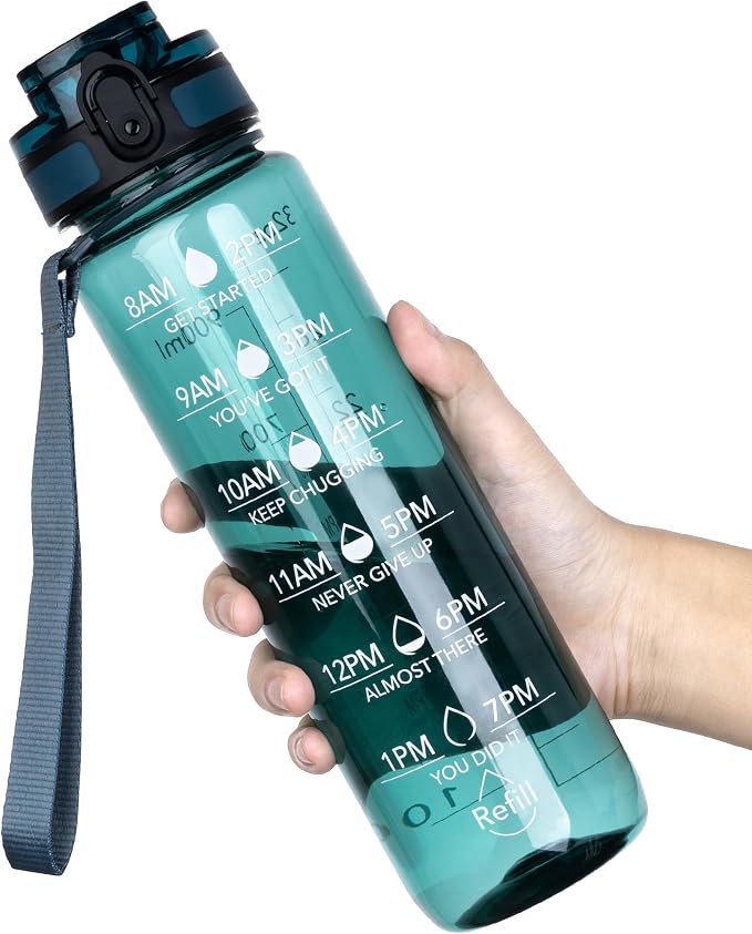 OLDLEY Water Bottle, 32oz Motivational Sports Water Bottle with Time Marker - Times to Drink - Tritan, BPA Free, Wide Mouth Leakproof,Deep Sea