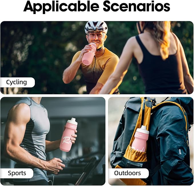 Bike Water Bottle 22oz/650ml Cycling Squeeze Water Bottle BPA Free Leakproof Easy-Squeeze Sports Bottles for Bicycle Gym Camping Hiking Cherry Blossom Pink