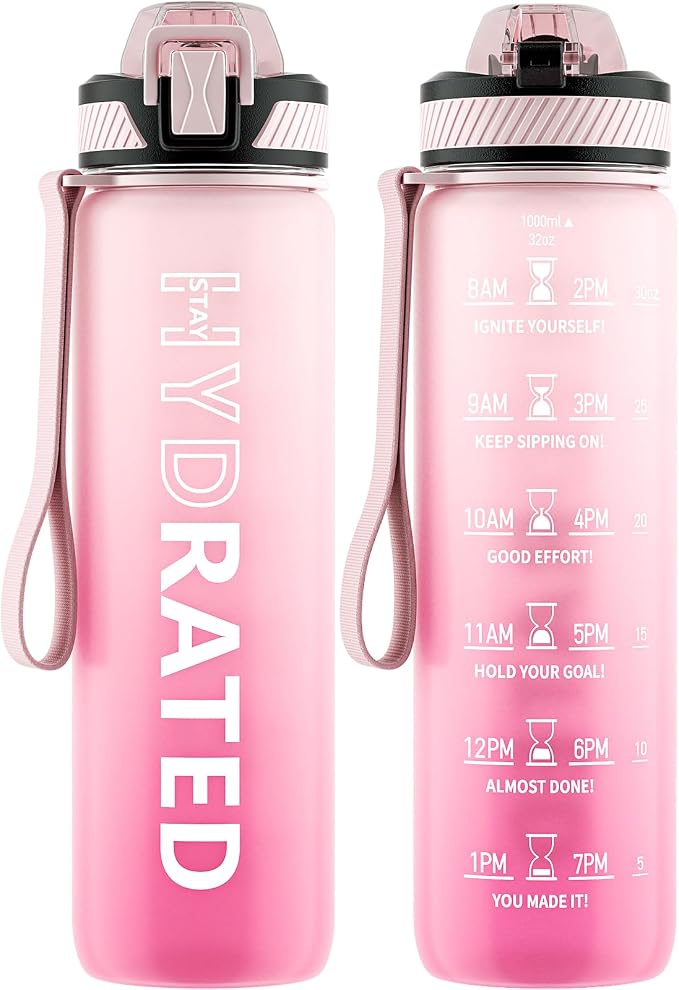 QLUR Water Bottle with Straw, 32oz Motivational Water Bottles with Time Marker to Drink, Tritan BPA Free, 1L Sports Water Bottle with Carry Strap LeakProof for Women Gym Fitness Outdoor (1 Pack)