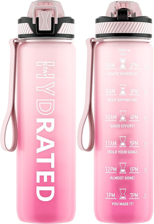 QLUR Water Bottle with Straw, 32oz Motivational Water Bottles with Time Marker to Drink, Tritan BPA Free, 1L Sports Water Bottle with Carry Strap LeakProof for Women Gym Fitness Outdoor (1 Pack)