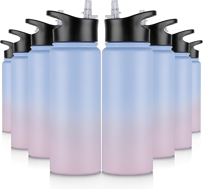 24 oz Insulated Water Bottle Bulk 8 Pack, Stainless Steel Sports Water Bottles with Straw Lid & Wide Mouth Lids, Double Walled Vacuum, Leak Proof, Pink Blue Gradient