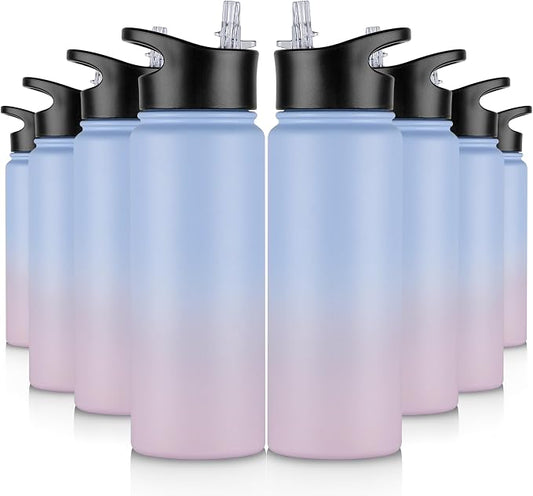 24 oz Insulated Water Bottle Bulk 8 Pack, Stainless Steel Sports Water Bottles with Straw Lid & Wide Mouth Lids, Double Walled Vacuum, Leak Proof, Pink Blue Gradient