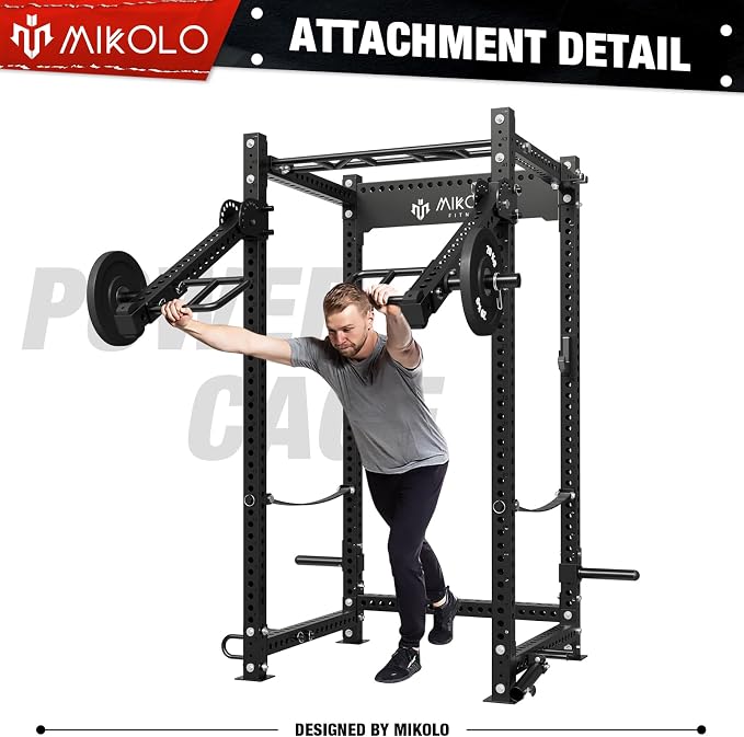 Mikolo 3"x3" Power Cage, 2000lbs Power Cage, Multi-Function Power Rack, Commercial Squat Rack for Home Gym with 3x3 Attachment Set, Jammer Arm, Lever Arm, Lat Pulldown, Leg Extension and Curl