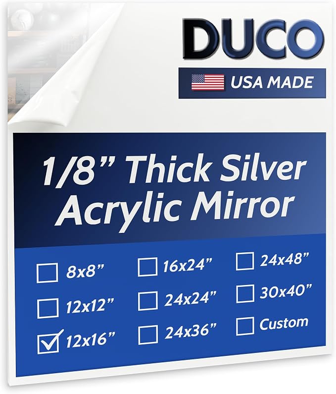 Duco USA-Made Acrylic Mirror Sheet 1/8 Inch Thick 12" x 16" (with Adhesives) - Pack of 1 Silver Frameless Plastic Mirror for Walls, Home Gyms, Bathrooms, & More - Shatter-Proof Mirrored Plexiglass