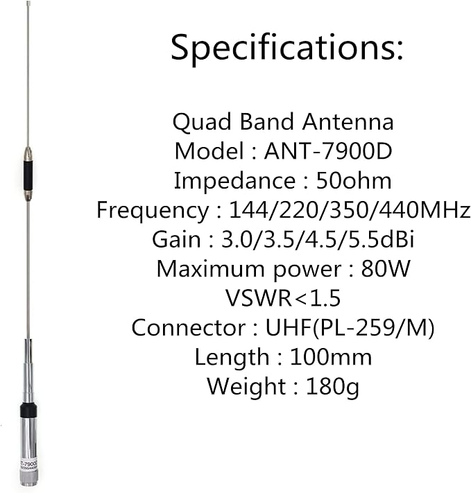 Mobile Radio Quad Band ANT-7900D Antenna 144/220/350/440MHz | for QYT KT-7900D Car Radio Includes RB400 Bracket Clip and 16.4FT Antenna Cable