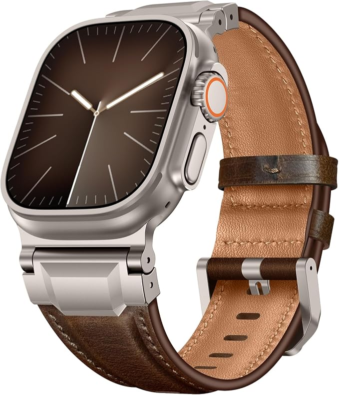 Bands Compatible with Apple Watch Ultra 3/2/1 Band 49/46/45/44mm | Genuine Leather Metal Connector Strap for iWatch Ultra Series 11/10/9/8/7/SE/6/5/4/3/2/1, Dark Brown/Titanium