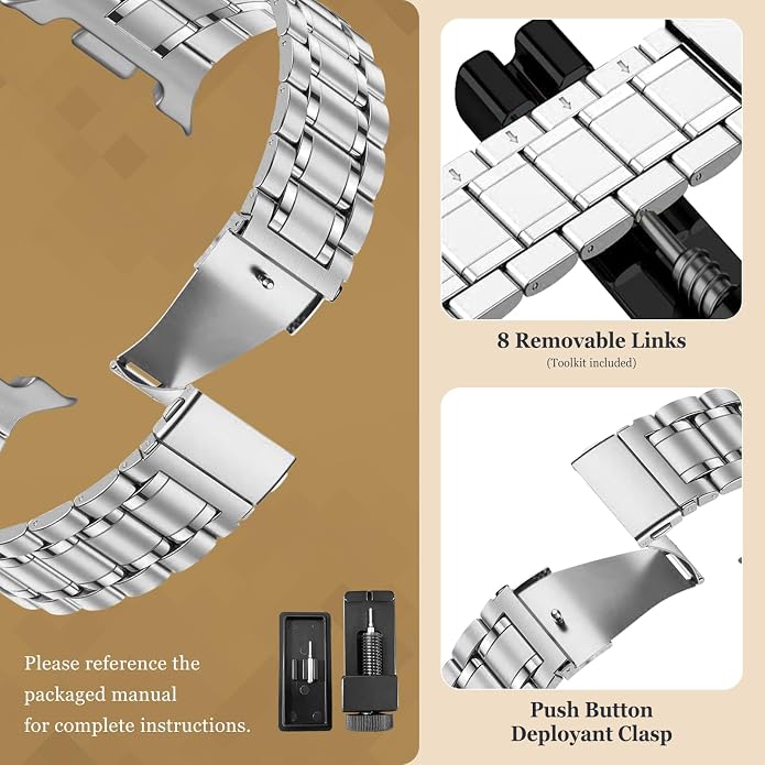 Metal Band for Samsung Galaxy Watch 9 8 40mm 44mm/Classic 46mm Men Women | Stainless Steel, No Gap Strap, Link Bracelet for Samsung Galaxy Watch 8 9 44 40mm/8 Classic 46mm, Business to Casual