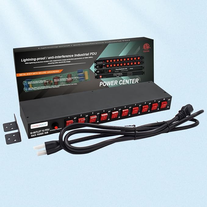 1U PDU Horizontal Rackmount Power Strip - Overload Protector | 10 NEMA 5-15R Outlet, 100V-240V/15A, 1800 Joules, 10 Independent LED Switches, 6 ft Cord