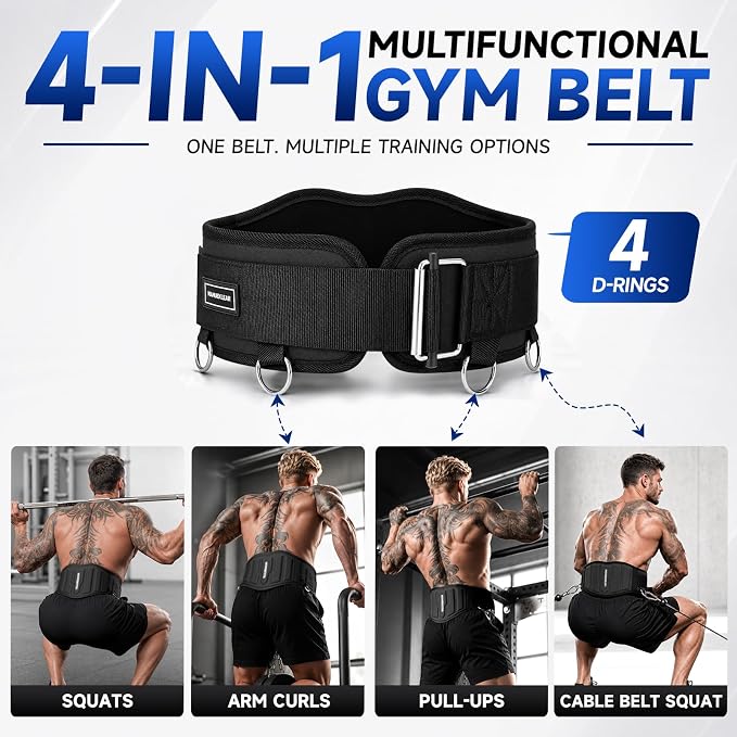 MANUEKLEAR 4-in-1 Weight Lifting Belts for Back Support, Dip Belt with 38.5 IN Rope for Weightlifting Pull Up, Weight Belt for Men Women