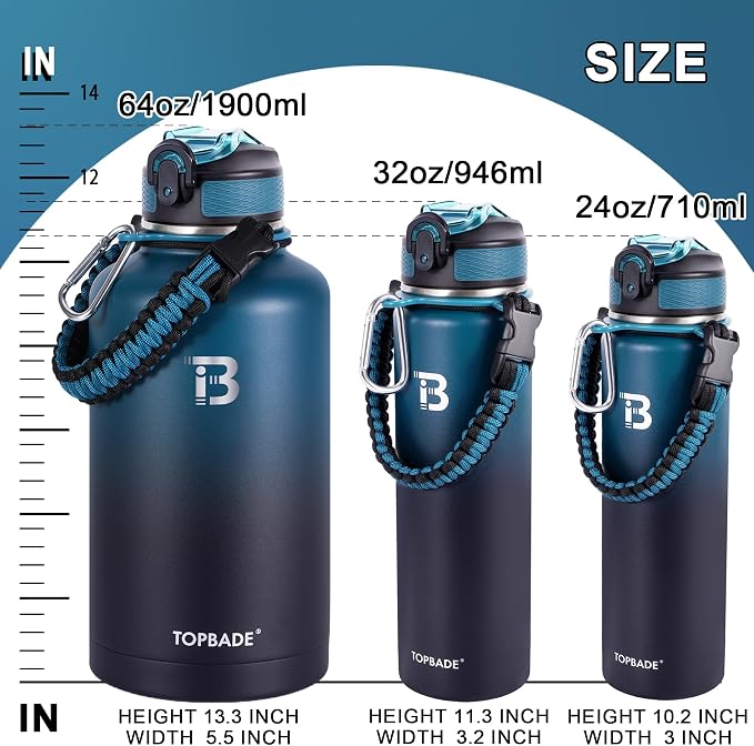 TOPBADE 32oz Insulated Water Bottle with Straw Lid & Spout Lid & Paracord Handle, Stainless Steel Water Bottle Wide Mouth, Double Wall for Women Men Gym Fitness Outdoor