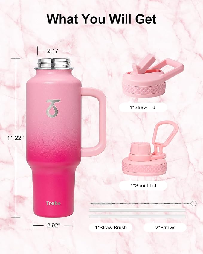 Trebo Insulated Water Bottle 40 oz Fits in Car Cup Holder with Side Handle | Stainless Steel Metal Tumbler with Straw Spout Lids, Triple-Wall Vacuum Copper Plated, Cold 48 Hrs Hot 24 Hrs for Travel, Gym