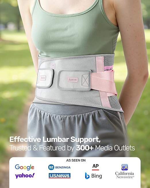 Rakiie Back Brace for Lower Back Pain Women with 9X Support System, Ergonomic Lumbar Support for Pain Relief, Breathable Mesh Design with 3D Silicone Pad for Sciatica, Pink Size M (Waist: 32.3" – 39.8")