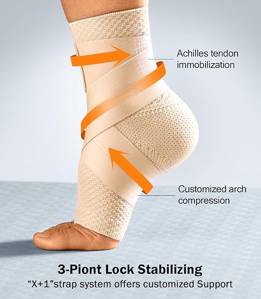 Flat Knitting Ankle Brace for Women&Men, 7-Zone Dynamic Compression Sleeve w/Flex Strap,Foot Support for Sports, Sprained Ankle, Achilles Tendonitis, Plantar Fasciitis Relief(Pack of1) L,Nude