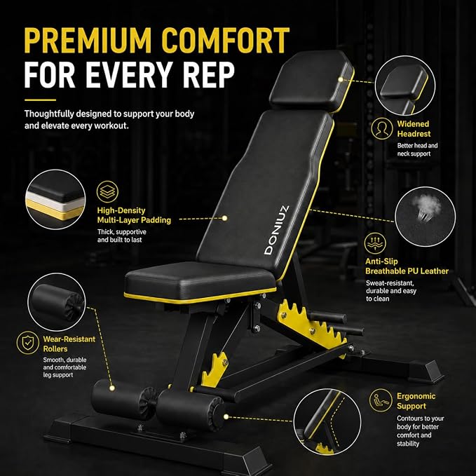 DONIUZ Adjustable Weight Bench for Home Gym, 1200LB Heavy Duty Commercial Workout Bench, Multi-Position Incline Decline Flat FID Bench Press with Headrest & Leg Rollers for Full Body Strength Training