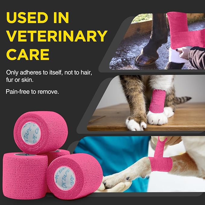 OK TAPE 12 Rolls Self Adhesive Bandage Wrap, Cohesive Elastic Athletic Tape | Vet Wrap, Sports Tape, Medical Wrap for Wrist, Feet, Self Stick Bandage Tape, 2" x 5 Yards - Pink