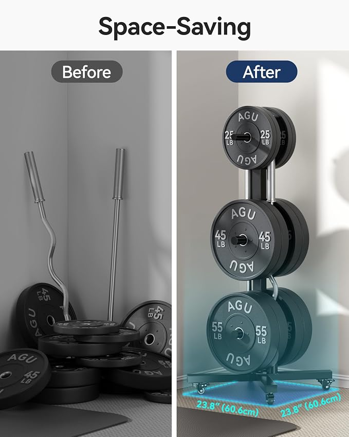 Movable Olympic Weight Plate Tree with 6 Metal Pegs | Fits 1" & 2" Weight Plates, Heavy Duty Storage Rack with Barbell Holders for Home & Garage Gym