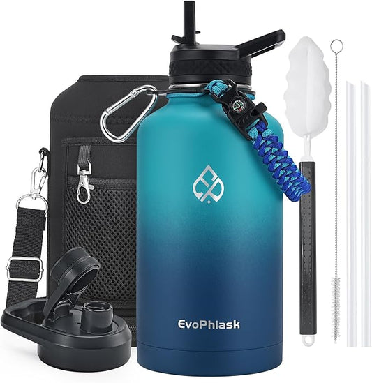 Insulated Water Bottle 64 oz with Carrier Bag, Cyan/Blue | Stainless Steel, Vacuum Insulated Keep Cold 48 Hrs, Half Gallon Large Water Jug, For Travel, Sport, Gym, Hiking