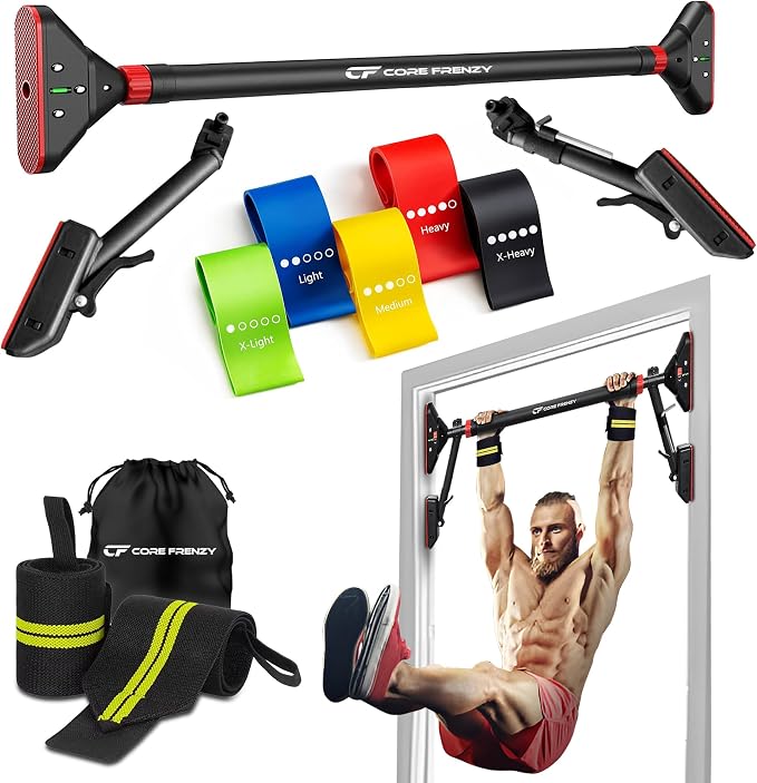 Doorway Pull Up Bar, No Screws or Drilling, Holds 880 lb, Chin Up Bar with 5 Resistance Bands, 2 Wrist Wraps and Carry Bag, 4-Point Locking, Adjustable Width Home Gym Bar for Upper Body Workout