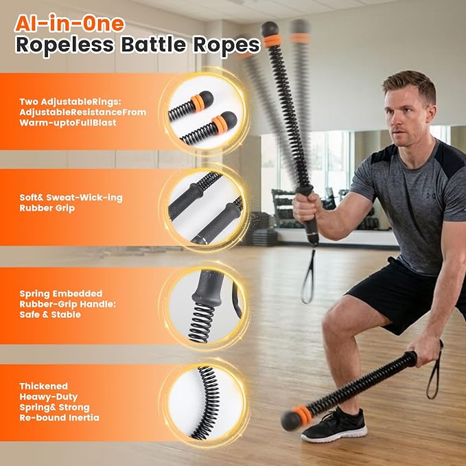 Weighted Ropeless Battle Ropes, Cordless Trainer for Home Gym Workouts | Quiet steel springs, adjustable weight rings and non-slip grips for portable HIIT, cardio and strength training