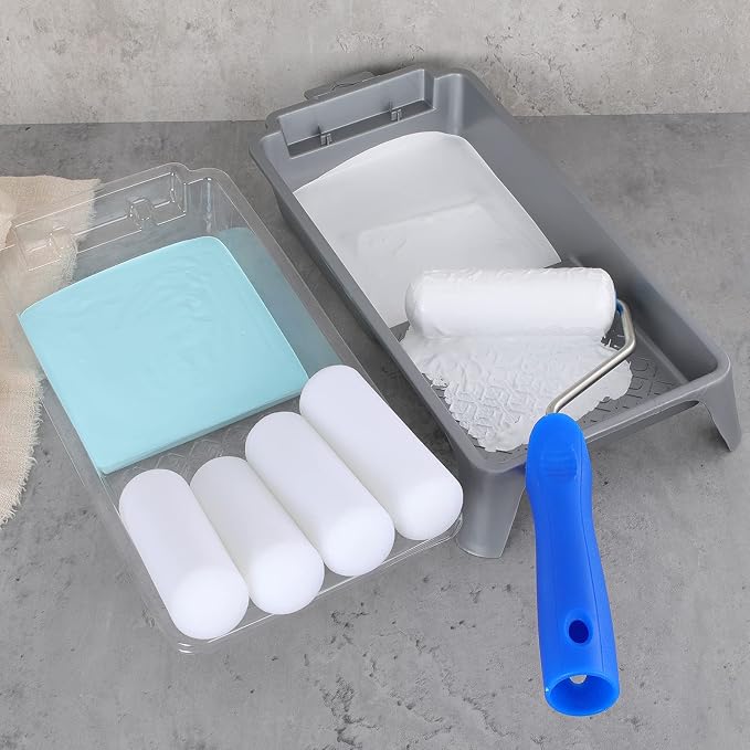 Mister Rui 4 Inch Foam Paint Roller Kit, 8 Pack - Mini Roller Set with 4” Small Roller Covers, Frame, Tray & Liner for Smooth Painting on Walls, Trim, Furniture, Home DIY Projects | High-Density Foam Covers for Smooth Finish. Ideal for Cabinets, Doors,...