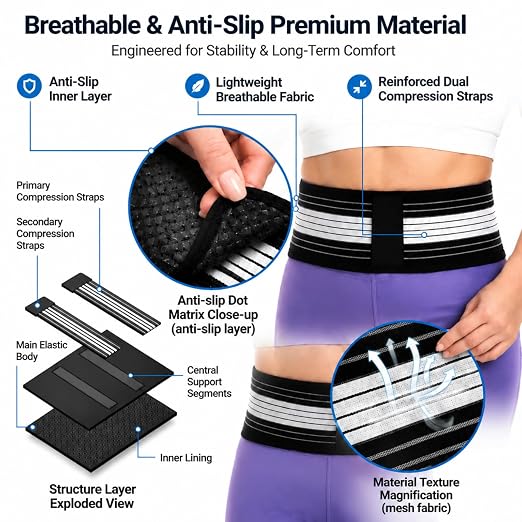 Lightweight Back Brace for Women Men, Pain Relieving Wide Lumbar Support | Adjustable Dual Compression Support Belt Alleviates Lower Back, Hip, Sciatica Pain – Ideal for Work, Exercise & Daily Wear