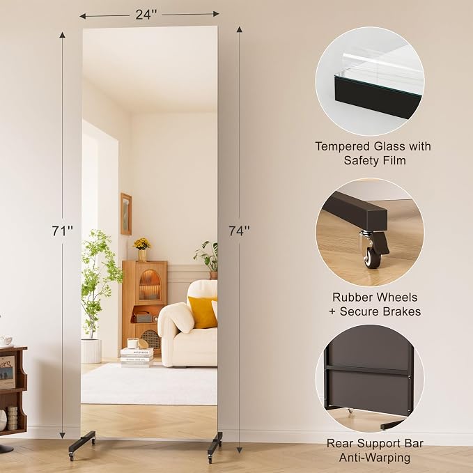 70" x 22" Full Length Floor Mirror, Lockable Wheels for Easy Moving & No Wobble, Shatter‑Resistant Glass for Worry‑Free Practice, Ideal for Home Dance, Yoga & Gym, Black Metal Frame