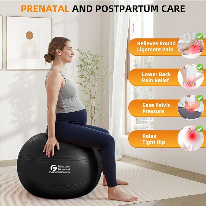 Gruper Yoga Ball, Extra Thick Non Slip Exercise Ball for Workout, Yoga, Pregnancy, 4 Sizes Anti Burst Chair for Home and Office, Includes Foot Pump & Fitness Guide