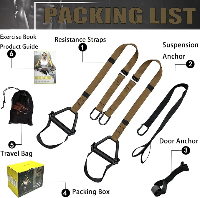 Bodyweight Resistance Training Straps, Complete Home Gym Fitness Trainer kit for Full-Body Workout, Included Door Anchor, Extension Strap, Fitness Guide