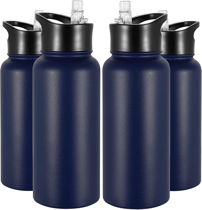 32 oz Insulated Water Bottle Bulk 4 Pack, Stainless Steel Sports Water Bottles with Straw Lid & Wide Mouth Lids, Double Walled Vacuum, Leak Proof, Blue