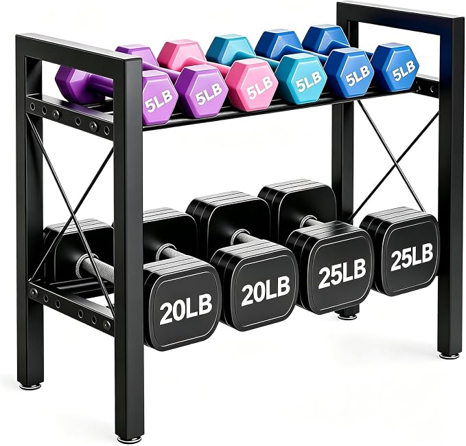 Dumbbell Rack Stand Only, 2 Tier | 3 Tier Adjustable Weight Rack | Thick Steel, Stable Compact H-Frame, Custom Bar Gap, Non-Slip Base, Waterproof Rustproof Coating, For Home Gym Garage Storage