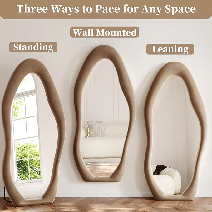 Full Length Mirror, 71"x30" Wavy Full Body Mirror Flannel | Flannel Floor Mirrors with Stand, Irregular Wavy Mirror Hanging or Leaning Against Wall for Bedroom Living Room, Brown