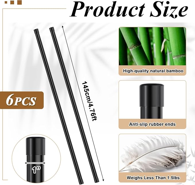 Hiboom 6/9 Pcs 5ft Yoga Stick Natural Bamboo Black Exercise Stick with Non-Slip Rubber Ends Stretching Tool Posture Corrector Stretch Tool for Flexibility, Workout, Balance Fitness