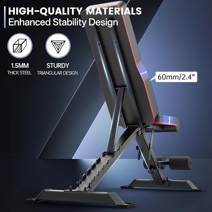 PASYOU Adjustable Weight Bench, 660LB Capacity Foldable Workout Bench, Incline Flat Bench Press for Home Gym, Dual-Frame Strength Training Bench, No Assembly Required, Wider Seat