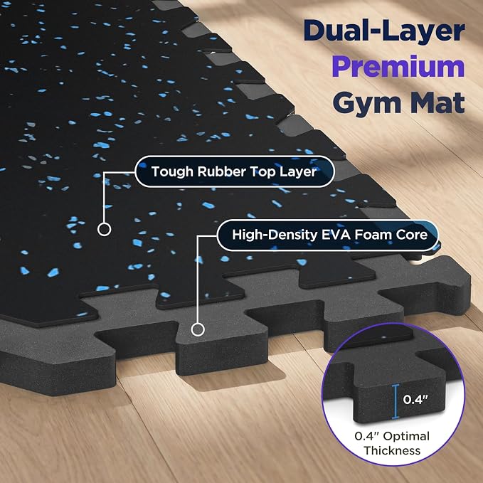 24 Sq Ft Rubber Top Gym Flooring for Home Gym, Black/Blue | 6 Tiles, High Density EVA Foam, Waterproof & Non-Slip Rubber, 0.4" Interlocking Puzzle Mats, Floor Protection, 24"x24"