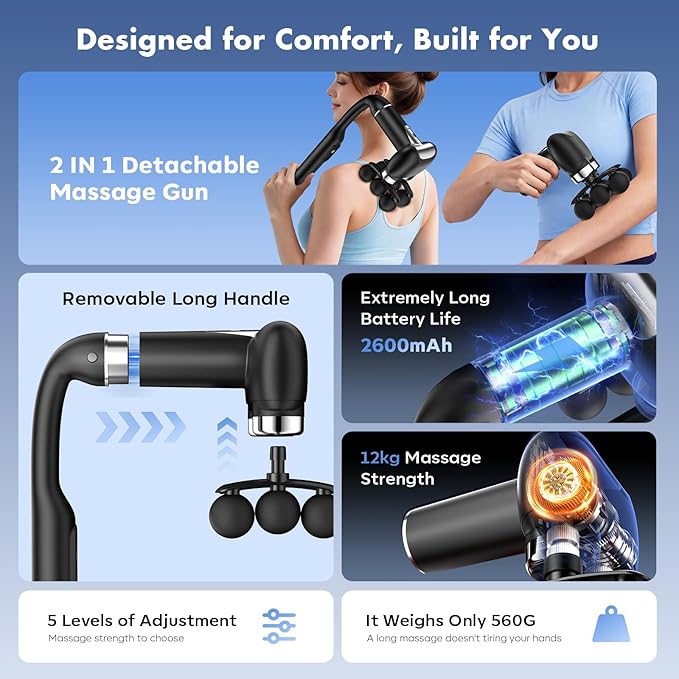 6-Head Massage Gun with Upgraded Detachable Extension Handle – Deep Tissue Percussion Massager for Neck, Shoulder, Back, Leg & Full Body Muscle Relaxation, Portable Handheld Massager
