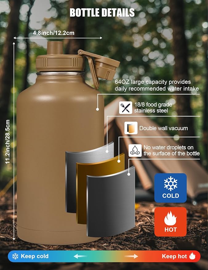 Tactical Half Gallon Water Bottle with Straw, 64 Oz Insulated Water Jug with Molle Water Bottle Holder, Stainless Steel Sport Bottle with 3 BPA Free Lids for Gym Workout Hiking (64oz-Brown)