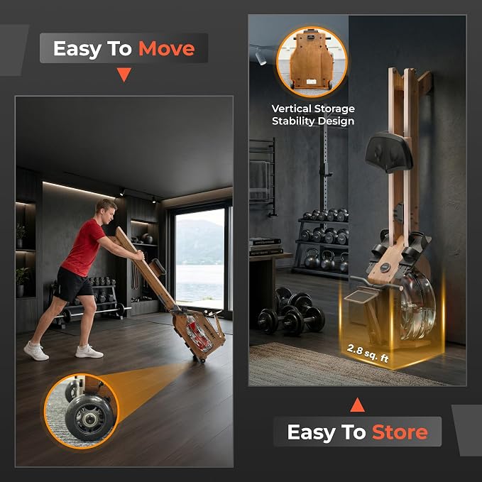 Water Rowing Machine for Home Use, WENOKER Wooden Foldable Rower Machine with Dedicated Monitor & Bluetooth APP