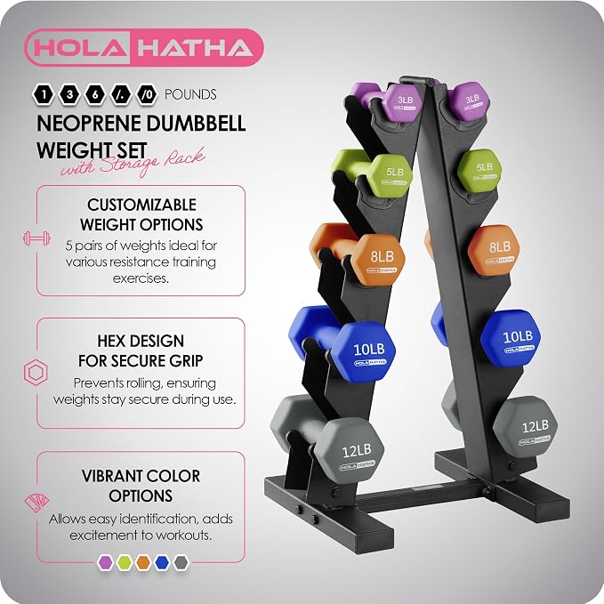 HolaHatha 1, 2 and 3 lb Neoprene Dumbbell Strength Training Weight Set with Rack