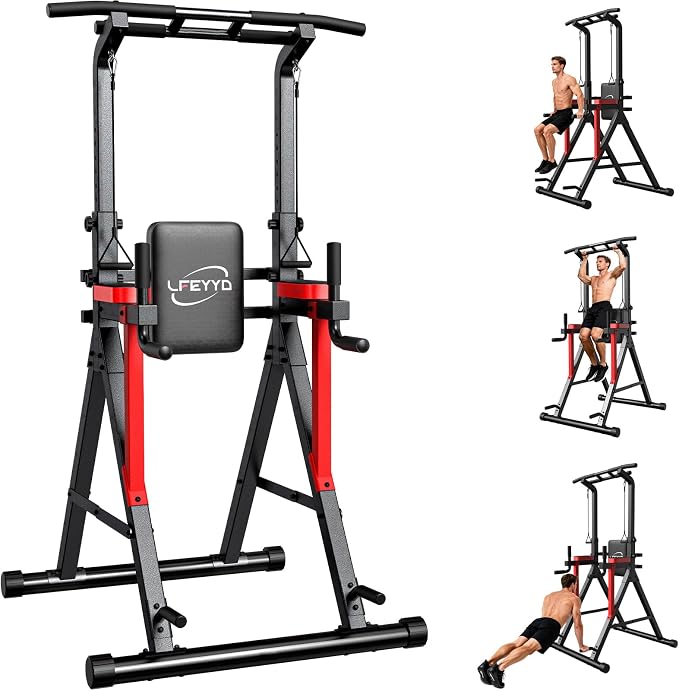 Power Tower Pull Up Bar Free Standing,Multi-Level Adjustable Height Dip Station, Multi-Grip Handles,Backrest,Home Gym Strength Training Equipment with Power Elastic Ropes,Capacity 400LBS
