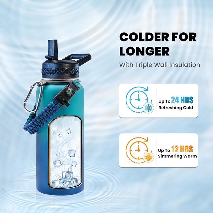 RAYMYLO Insulated Water Bottle 32 oz, Triple Wall Vacuum Stainless Steel (Cold for 24Hrs, Hot for 12Hrs), Leak Proof & Non-BPA, Modern Water Flask Jug with Paracord Handle & Straw Spout Lids | (Cold for 24Hrs, Hot for 12Hrs), Leak Proof & Non-BPA, Mode...