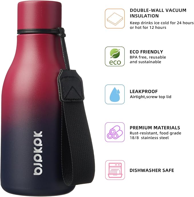 BJPKPK 12oz Insulated Water Bottle, Stainless Steel Bottle with Carry Strap | Keep Cold & Hot Vacuum Insulation, Leak-Proof BPA-Free Design, Slim Bottle Fits Most Cup Holders for Gym, Office & Travel