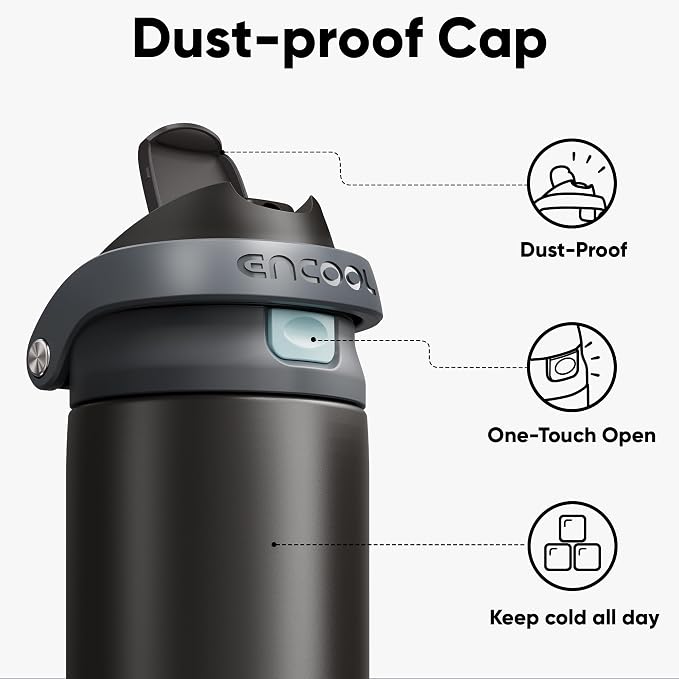 ENCOOL Leakproof Insulated Water Bottle with Straw Dual-Sip Water Bottle Bag-Safe Design for Work, Commute & Gym – Keeps Drinks Cold All Day, 24 oz, Charcoal Gray