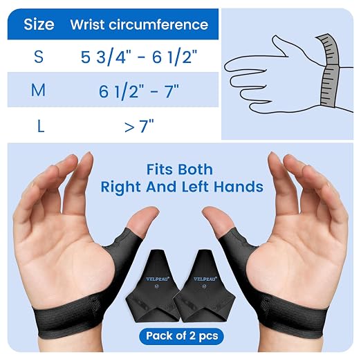 Velpeau Thumb Compression Sleeve for Tendonitis (Pack of 2), Seamless Technology, Gloves Wraps for Arthritis Pain Relief for Women & Men, Splint Liner, Fits Both Hands (Black, Short Version, M)