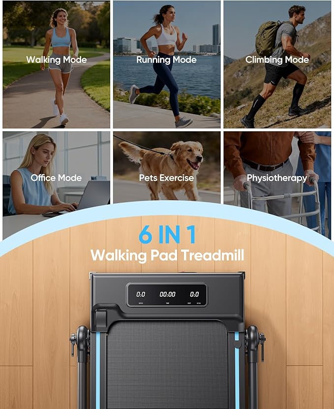 3.0HP Walking Pad Treadmill with Incline 2%-7%-12%, 6 in 1 Foldable Treadmill for Home with Removable Desk, Adjustable Handle Bar, RGB Lights, LED Display, Remote&APP Control, 330LBS Capacity